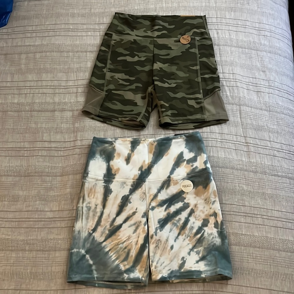 2 PINK bike shorts, green camo and tie-dye, size small NWT